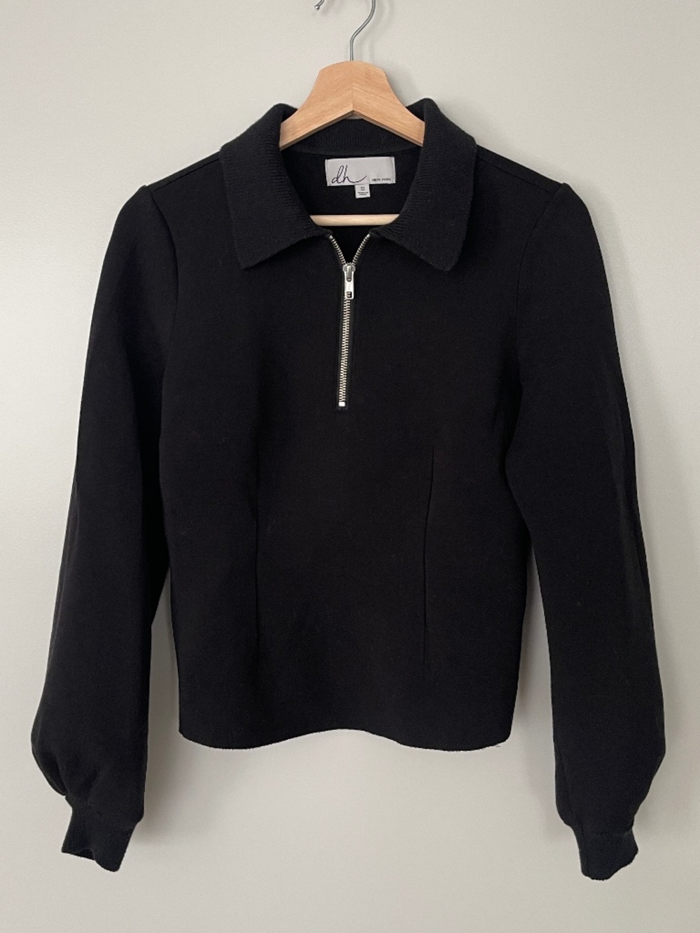 dh New York Kaya Scuba Quarter Zip Balloon Sleeve Top Black Size S